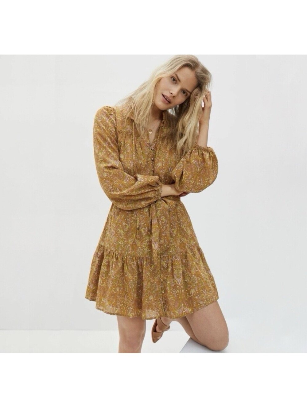 Anthropologie Calanthe Paisley Dress Gold Yellow Ruffle Tiered Boho XS No Liner